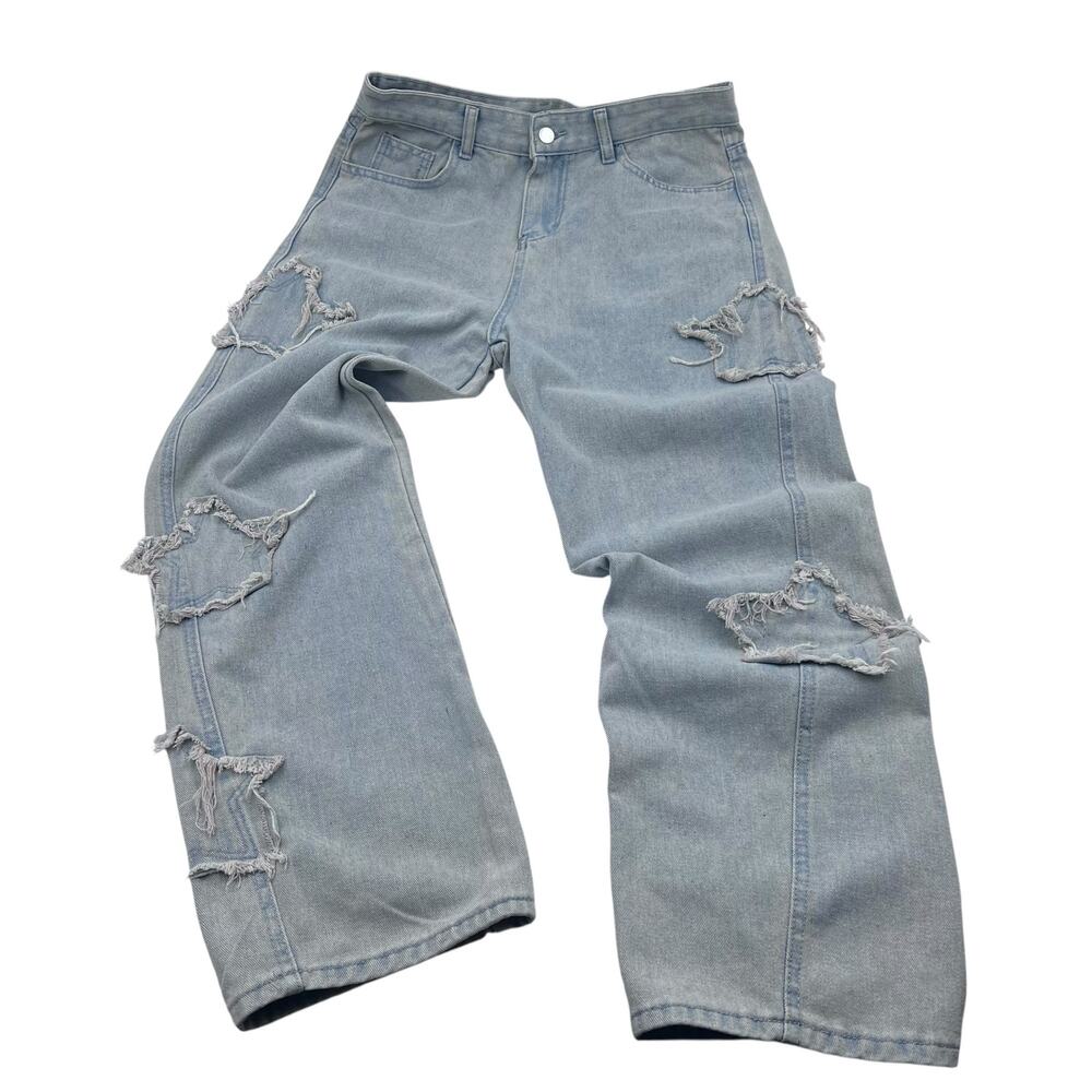 Womens Light Wash Frayed Raw Edge Star Patch Baggy Denim Jeans Waist Sz 31